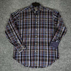 Thomas Dean Shirt Mens Medium Blue Plaid Flip Cuff Long‎ Sleeve Button Up Adult